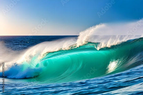 Beautiful big waves of the ocean or the sea in the summer bright blue, azure and turquoise colors in the early morning in sun light on a pure blue sky. Beautiful combs white sea foam © DESIGN