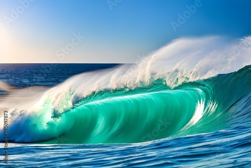 Beautiful big waves of the ocean or the sea in the summer bright blue  azure and turquoise colors in the early morning in sun light on a pure blue sky. Beautiful combs white sea foam