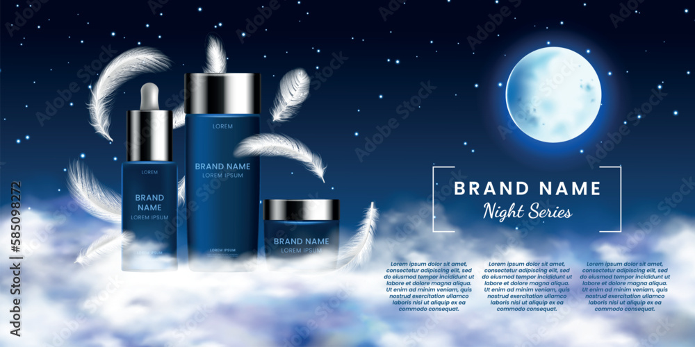 Night skin care cosmetics. Moisturizing cream. Beauty products. 3D skincare tube or bottle. Premium serum container. Sky clouds and feathers. Vector realistic promotion banner design Night skin care cosmetics. Moisturizing cream. Beauty products. 3D skincare tube or bottle. Premium serum container. Sky clouds and feathers. Vector realistic promotion banner design