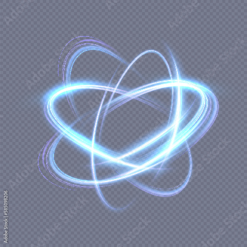 Atom particle light effect. Atom structure science sign. Gradient atom vector model.