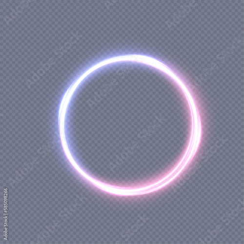 Abstract neon blue-violet ring. A bright plume of luminous rays swirling in a fast spiraling motion. Light golden swirl. Curve gold line light effect. Vector