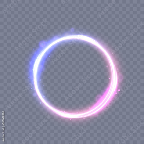 Abstract neon blue-violet ring. A bright plume of luminous rays swirling in a fast spiraling motion. Light golden swirl. Curve gold line light effect. Vector