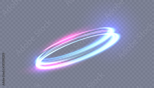 Abstract neon blue-violet ring. A bright plume of luminous rays swirling in a fast spiraling motion. Light golden swirl. Curve gold line light effect. Vector