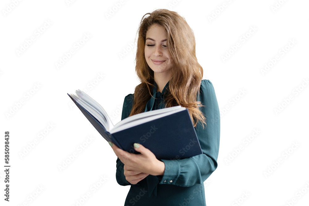 A woman in an office dress is reading a book, transparent background, png, isolated. A woman in an office dress is reading a book, transparent background, png, isolated.
