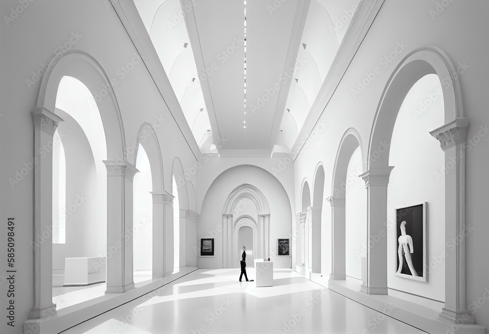 A minimalist, all-white museum, with soaring ceilings and open spaces, displaying works of art in a quiet urban setting. Generative AI