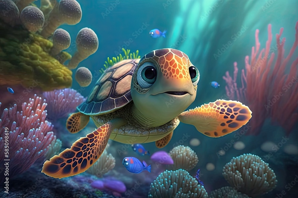 Cute Cartoon Sea Turtle Underwater (Generative AI) Stock Illustration ...