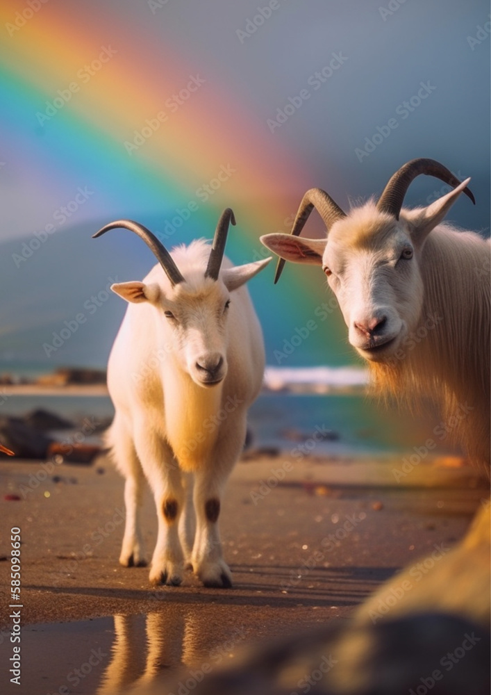 Fototapeta premium goats under a rainbow on a north wales beach