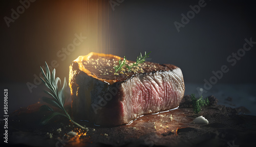 Medium rare steak with garnish and ray lighting from above illustration, Generative AI