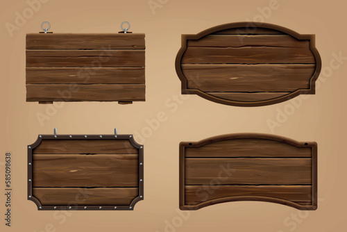 3D wooden sign boards. Wood texture. Natural timber. Old bar or saloon vintage table. Rustic aged frame. Empty billboards. Fence signage. Rustic plank. Vector realistic signboards set