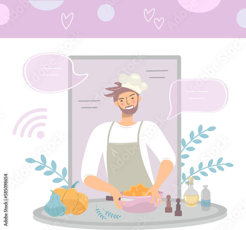 A food blogger tells how to cook tasty and healthy food. A male character is cooking for a vlog. A male chef in the kitchen shows how to cook. Cartoon people vector illustration. Cooking class banner.