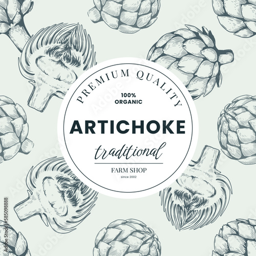 Artichoke pattern, raw gastronomy sketch. Food eating or cooking, engraved ink health flowers, art lifestyle. natural food poster or banner, round frame. Vector illustration background