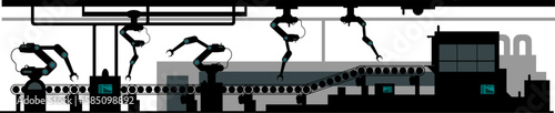 Silhouette: Industrie Roboter - Fertigungslinie - Industrial AI - Automation und Vernetzung IoT