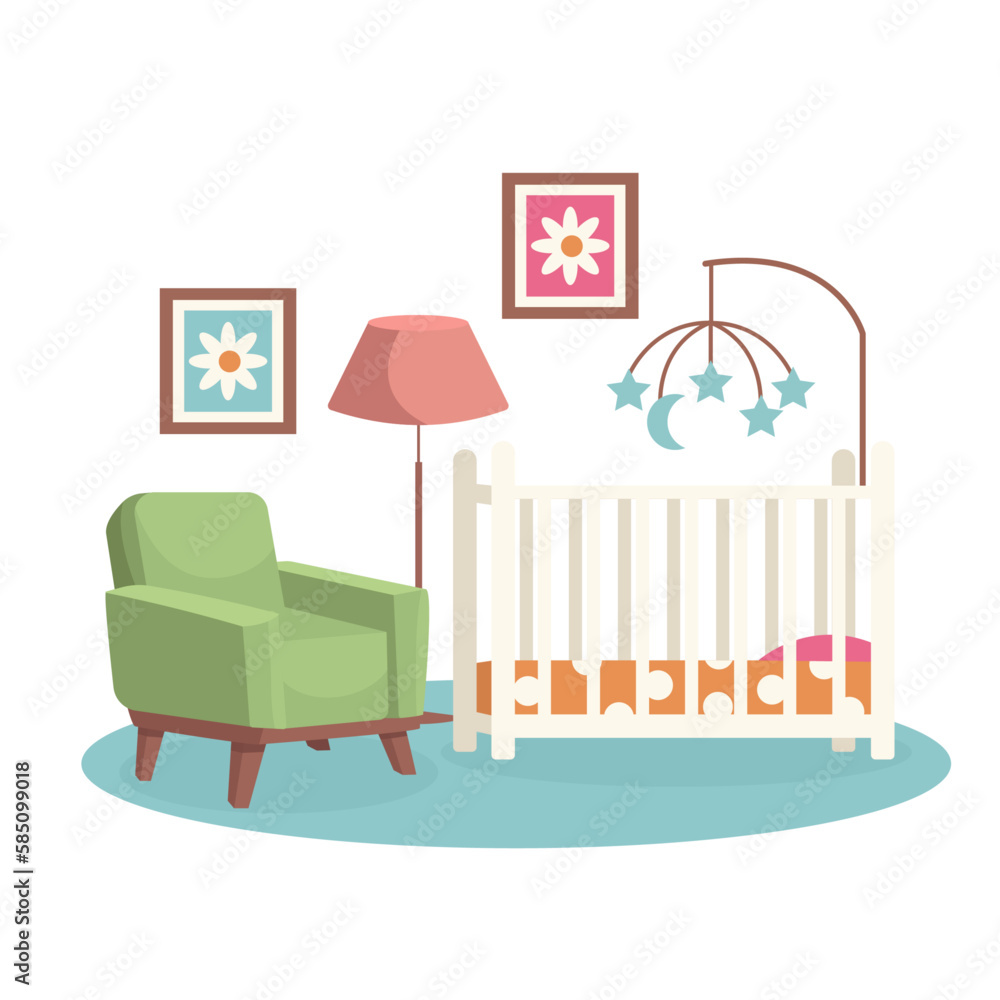 Obraz premium Bedroom interior. Children room. Cradle, armchair, paintings, floor lamp, children's mobile. Vector graphic.