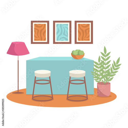 Kitchen interior. Bar counter, bar stools, plant, painting, lamp, fruit. Vector graphic.