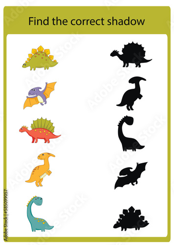 Dinosaur activities for kids. Find the correct shadow. Educational game for children. Vector illustration, cartoon style. © Irina