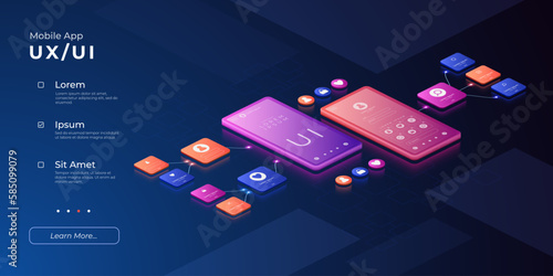 UI UX design. Mobile prototype. 3D user experience interface. Digital technology. Smartphone application management. Electronic devices. Phone app control. Vector web banner template