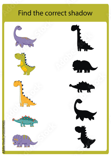 Dinosaur activities for kids. Find the correct shadow. Educational game for children. Vector illustration, cartoon style.