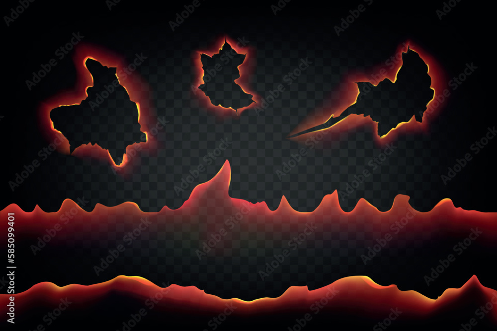 Realistic burn cracks. Charred pieces or paper edge. Rough torn borders with flame. Burnt hole stains. Circle ripped frame. Blazing pages. Abstract shapes. Vector smoldering effects set
