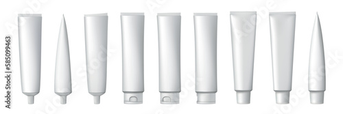 3D cream tube. White packaging mockup. Dental toothpaste. Cosmetic package. Plastic container. Medical ointment and beauty lotion. Moisturizer bottles. Vector realistic packing set