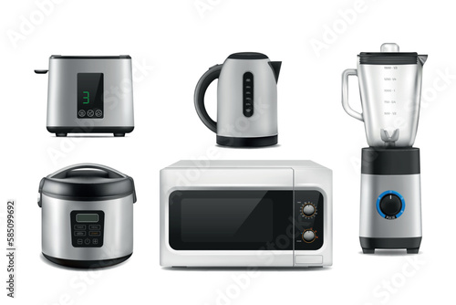 Realistic kitchen items. Household appliances. Electric kettle. Microwave oven. Toaster or multicooker. Home blender and juicer. Domestic mixer or container. Vector houses equipment set