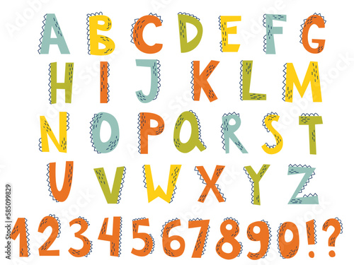 Cute dino alphabet fonts. Cute cartoon dinosaur alphabet. Letters and numbers. Vector illustration.