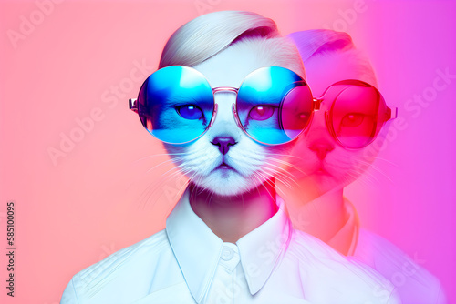 Fashionable portrait of anthropomorphic cute cat dj illustration, Generative AI