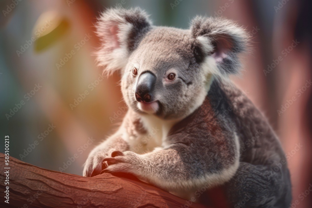 Naklejka premium Cute koala bear sits on the tree branch. Beautiful wild nature. Generative AI.