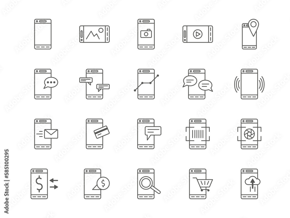 Cellphone icons. Mobile shopping. Digital data search. Payment app upload. Transfer editing. Phone messenger. QR scanning. Banking app. Vector smartphone application line pictograms set Cellphone icons. Mobile shopping. Digital data search. Payment app upload. Transfer editing. Phone messenger. QR scanning. Banking app. Vector smartphone application line pictograms set