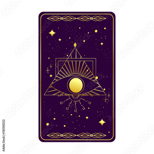 Tarot card gold with mystic eye pyramid isolated. Boho esoteric tarot card with eye and star. Vector illustration. Sacred geometry celestial triangle