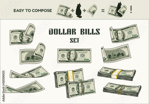 Set of 100 dollar bills with obverse and reverse side. Stacks, wads of cash money, bent, folded, twisted banknotes. Vintage style. Colorful detailed vector illustration on white background. photo