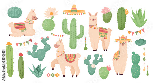 Llamas and cactus, cute Peru party decorative cartoon isolated elements set. America nature cacti, exotic sleeping animals, scrapbook ornaments. Funny mammals vector isolated collection