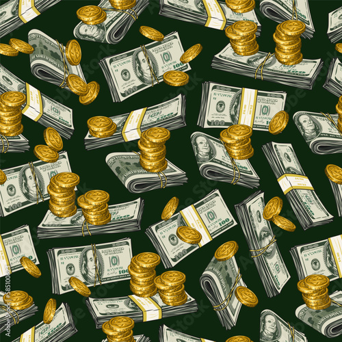 Money seamless pattern with 100 US dollar bills, gold one dollar coins. Stacks and wads, pile, heap of money. Detailed vintage vector illustration.