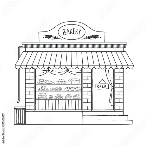 Pastry store shop exterior, desserts and bread, confectionery cafe building. Graphic for marketing or retail, front view of supermarket with window. Line drawing. Vector black and white sketch