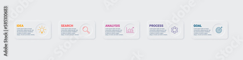 Infographic design with 5 steps: idea, search, analysis, process, goal. Neumorphism style. Vector EPS 10