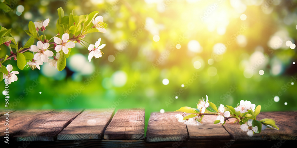 Spring background with empty wooden table. Natural template for product ...