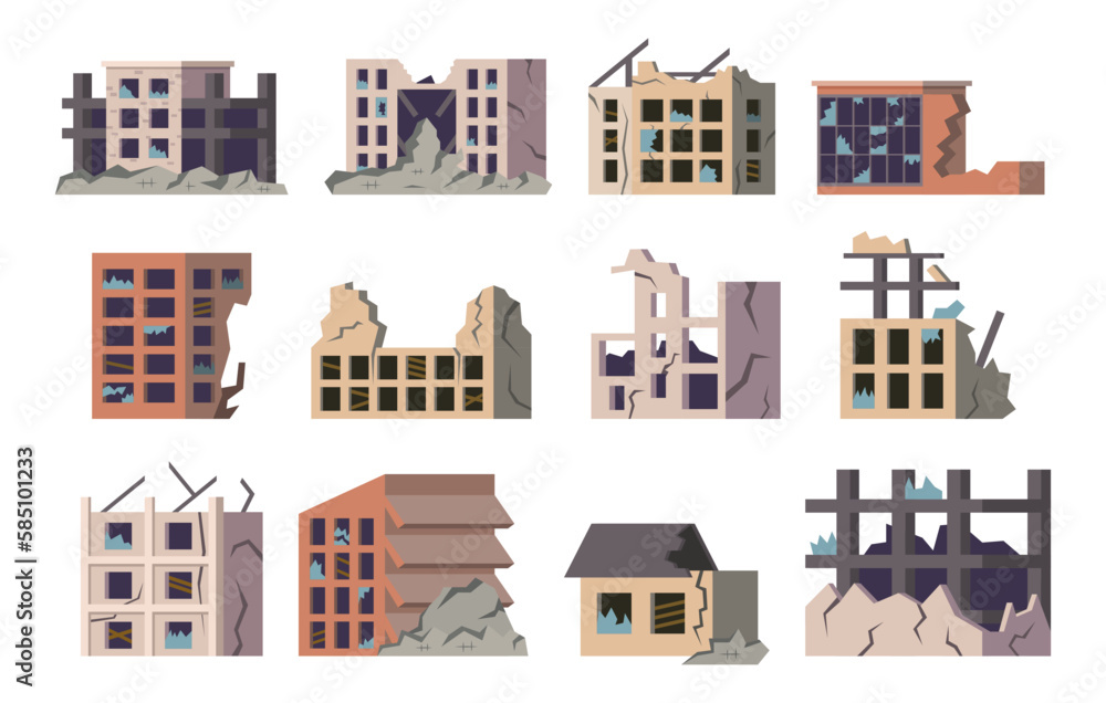 Ruined building. Cartoon collapsed houses. Broken or abandoned constructions. Destroyed residential property. Damage of war or earthquake. Town destruction. Vector landscape elements set Ruined building. Cartoon collapsed houses. Broken or abandoned constructions. Destroyed residential property. Damage of war or earthquake. Town destruction. Vector landscape elements set