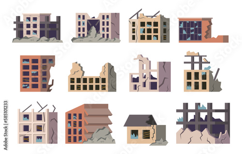 Ruined building. Cartoon collapsed houses. Broken or abandoned constructions. Destroyed residential property. Damage of war or earthquake. Town destruction. Vector landscape elements set