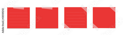 Square red sticky post note template mockup set. Taped office memo paper vector illustration.