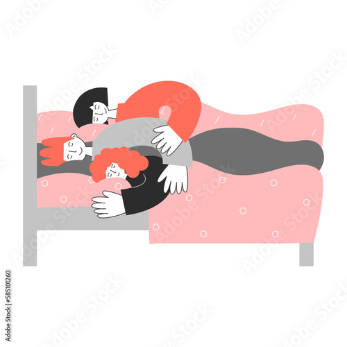 Tableau sur toile Polyamorous people sleep together in bed