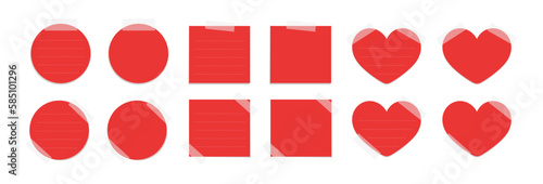 Red sticky post note template mockup set. Taped office memo paper vector illustration.