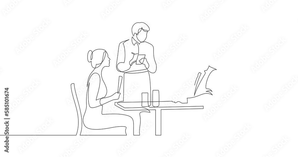 Animation of an image drawn with a continuous line. Man and woman at a table in a restaurant. The waiter accepts the order. Lunch or dinner scene.
Animation of an image drawn with a continuous line. Man and woman at a table in a restaurant. The waiter accepts the order. Lunch or dinner scene.