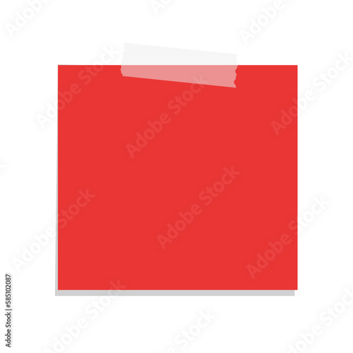 Square red sticky post note template. Taped office memo paper vector illustration.
