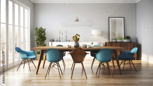 Dining room Mid Century modern interior design with blue chairs wooden table and hard wood floors  MCM  retro  vintage  home decor