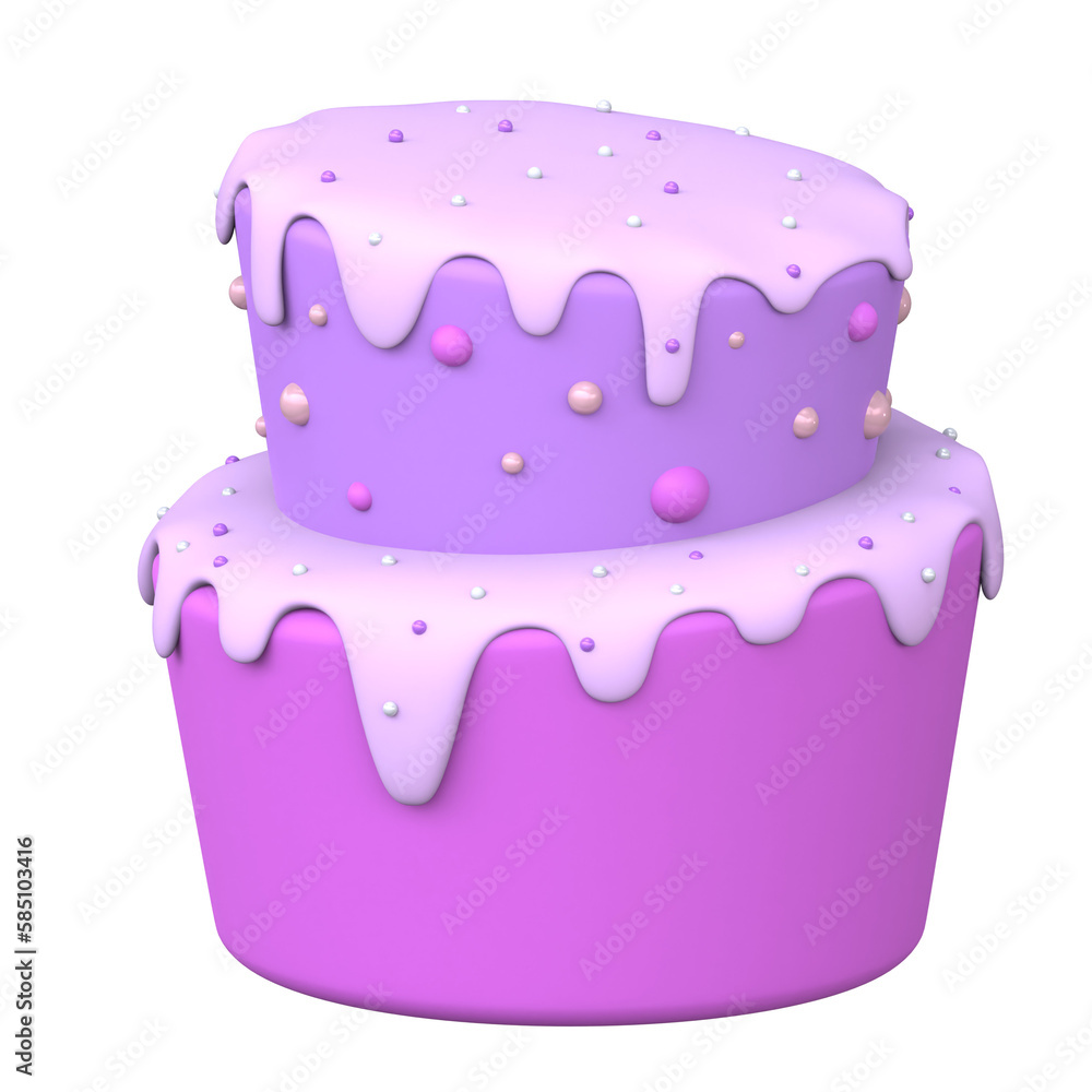 3D birthday cake render for anniversary party. Purple cute sweet dessert food with decoration. 3D birthday cake render for anniversary party. Purple cute sweet dessert food with decoration.