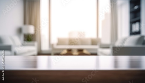 Front view of empty table in the living room in the morning with blurred background. Generative AI