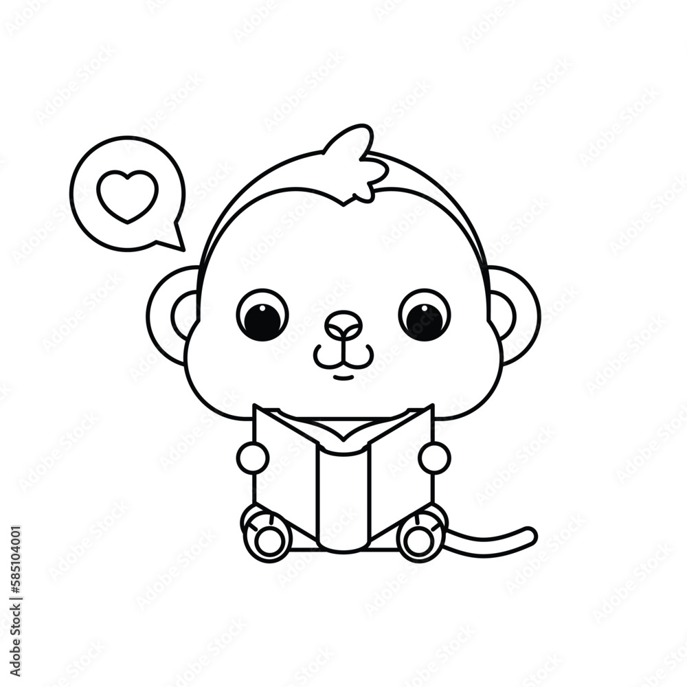 Cute cartoon monkey reading book. Adorable animal back to school ...