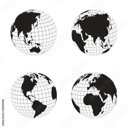 collection of globe silhouettes continent maps with longitude