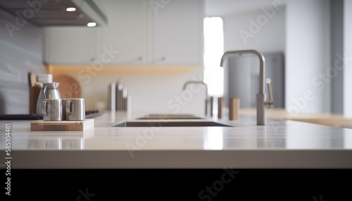 Empty white table and defocused modern kitchen background. Generative AI