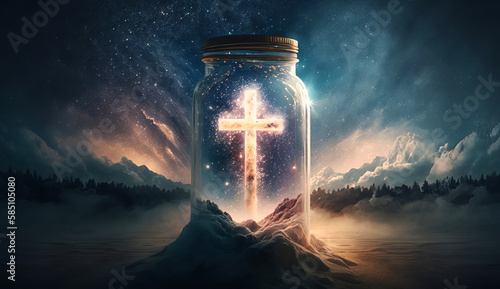 Shining cross inside jar with epic cinematic background, suitable for passover, good friday and easter event. Generative ai