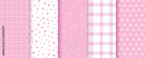 Scrapbook backgrounds. Seamless pattern. Set pink cute prints. Textures with polka dot, apples, triangles and plaid. Kitchen wrapping paper. Retro scrap design. Vector illustration. Decorative frames 